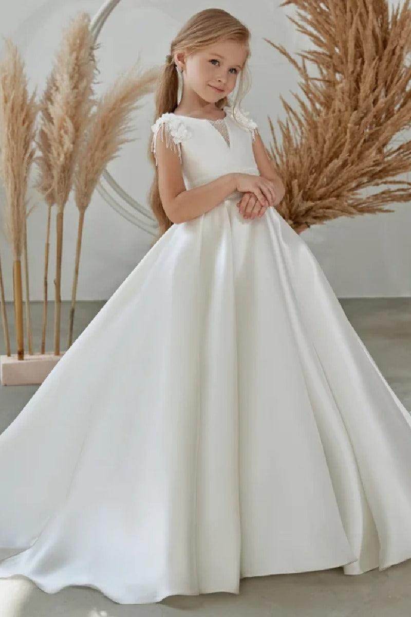 A-Line Scoop Neck Sleeveless Satin Court Train Flower Girl Dresses 738005217304 - COCOMELODY